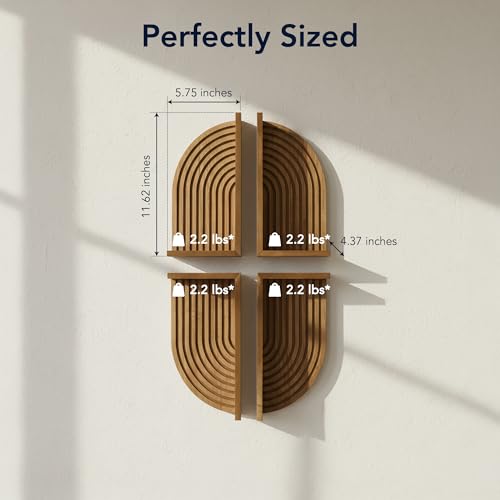 Image of American Art Decor Brown Natural Boho Arched Lunar Ledges Wall Shelf, Wood 4 Piece Floating Display Shelf, Modular Arch Bookshelf for Bedroom, Bathroom, Kitchen & Living Room Decor, 6 inch x 12 inch x 4.75 inch