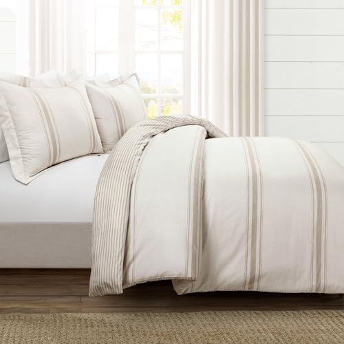 Image of Lush Decor Farmhouse Stripe Reversible Cotton Duvet Cover King Size 3 Piece Set Neutral - Farmhouse Bedding Set King - Striped Duvet Cover