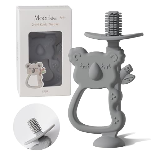 Moonkie Teething Toy, Safe &amp; Easy to Hold BPA Free Silicone Teethers, 360° Baby Toothbrush with Suction Base, Teether Toys Best for Babies 6-12 Months (Koala Lunar Grey)