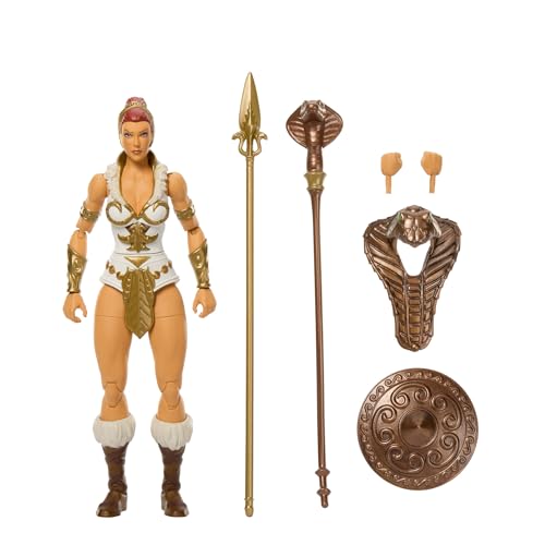 Masters of the Universe Masterverse Teela Figura de acción, Juguete de 17,8 cm de New Eternia de Motu con 30 Puntos de articulación, Capucha de Cobra de Quita y pon, Armas y Accesorios, JBP84