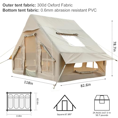 EKEPE Inflatable Camping Tent with Pump, Large Family Tent, Easy Setup 4 Season Waterproof Outdoor Blow Up Glamping Tent with Mesh Windows and Chimney Opening, 4 Person Tents for Camping,Outdoor - Thumbnail 3