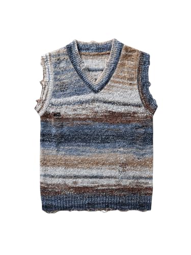 BEAUDRM Men's Vintage Sweater Vest Ripped Sleeveless V Neck Knitted Pullover Tank Tops Multicolor X-Large