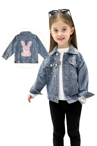 Girls Denim Jacket - Bunny Embroidered Stretch Washed Jean Coat, Cute Long Sleeve Toddler Jacket3