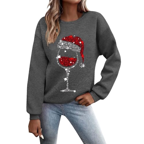 Generisch Jersey de Navidad para mujer, sudadera divertida con estampado de copa de vino, estampado de cuello redondo, manga larga, informal, suéter de Navidad, suéter para mujer, con forro polar, L2