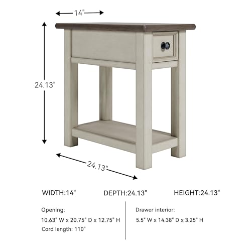 Image of Signature Design by Ashley Bolanburg Chairside End Table With Charging Station, Two-Tone Wood Accent Table With Drawer Storage, Plank Top Design for Living Room or Bedroom, Antique White