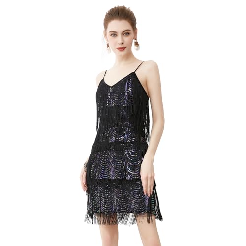 Image of Women Flapper Dresses 1920s V Neck Beaded Fringed Great Gatsby Club & Night Out Dresses