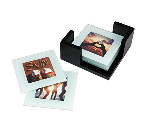 Kiera Grace Glass Picture Coaster with Wooden Holder Set, 3.75 Inch by 3.75 Inch, Set of 6