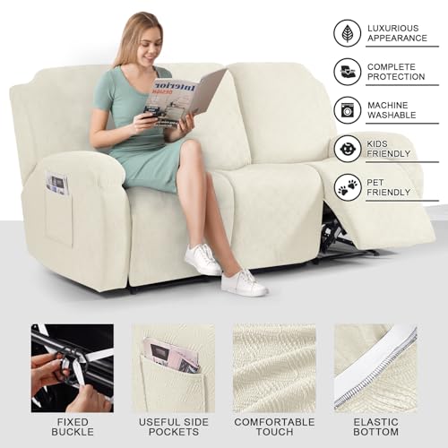 Image of Timeles Recliner Covers for 3 Seater Reclining Couch Covers Sofa Slipcover Furniture Protector for Dogs and Pets Stretch Soft Washable (Three-Seater, Cream)