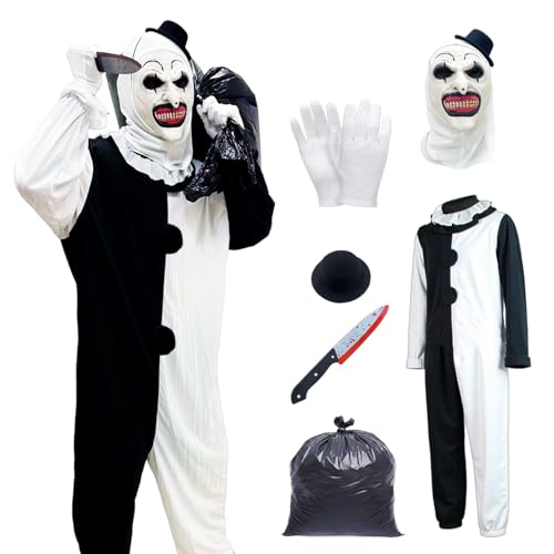 Mino Plus Halloween Horror Clown Cosplay Costume Overall Maske,Terrifier Kostüm,Kostüm Schwarz Weiß Clown Overall, Halloween Unisex Cosplay Kostümset (Erwachsener-L)