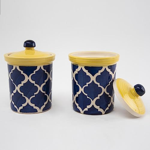 Image of HS HINDUSTANI SAUDAGAR Blue Umrao Ceramic Pickle Jar Set Of 2(750 ml Each) Multipurpose Container Salt Sugar Spices Ceramic Jar with Lid Chutney Jar Dining Table Ideal For kitchen storage Gifting