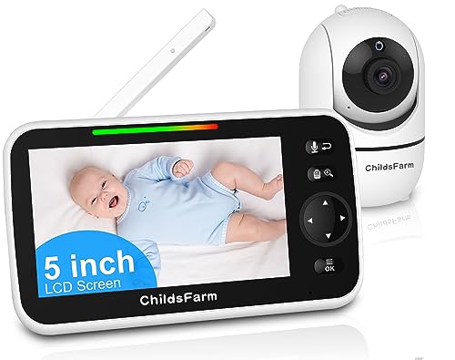 ChildsFarm Baby Monitor with Camera and Audio, 5 Inch Remote Pan-Tilt-Zoom Video Baby Monitor, No WiFi, Night Vision, 2-Way Talk, Temperature, 1000ft, 3500mAH, Gift Ideas