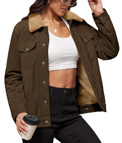 MAGCOMSEN Women's Corduroy Jacket Sherpa Button Down Coat Fleece Lined Winter Warm Long Sleeve Thick...