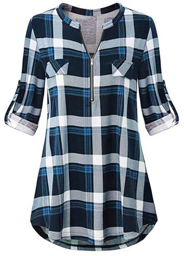 Odosalii Damen V-Ausschnitt Kariert Bluse 3/4 Ärmel Langarm Reißverschluss Tunika Longshirt Hemd Tops T-Shirt, XXL, A_blau Kariert Odosalii Damen V-Ausschnitt Kariert Bluse 3/4 Ärmel Langarm Reißverschluss Tunika Longshirt Hemd Tops T-Shirt, XXL, A_blau Kariert