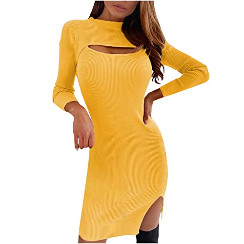 bmkBWO Long Sleeve Bodycon Dresses for Women Ribbed Knit Split Mini Sweater Dress Solid Color Cutout Party Midi Fall Dress Yellow