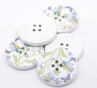 The Bead and Button Box - 10 Blue Daisy with Butterfly Design Wooden Sewing Buttons 30mm