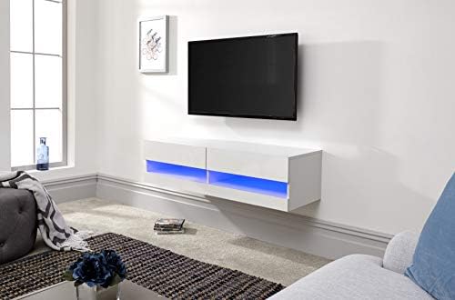 Home Source LED Wall Mounted TV Unit with High Gloss Finish, White, Two Storage Shelves