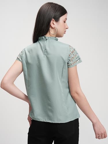 Image of Tokyo Talkies Women's Self-Design A-Line Top | Lace Short Sleeves | High Neck with Keyhole | Elegant & Feminine | Perfect for Casual Wear | Tops for Woman | Women Tops | Stylish Top