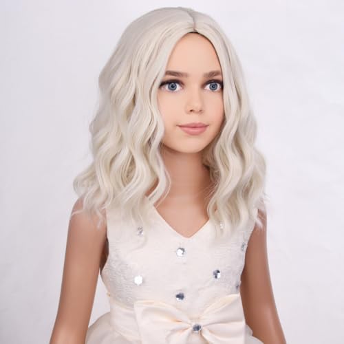 Image of PATTNIUM Platinum Blonde Kids Wig Short Curly Wavy Girls Blonde Wigs Platinum Bob Synthetic Wigs