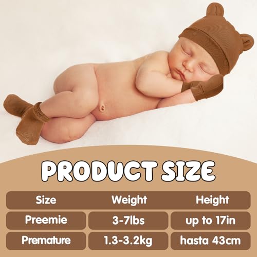 Geyoga 8 Pack Preemie Hats, Mittens and Socks Set - Cotton Preemie Caps, No Scratch Mittens, Warm Terry Socks for Baby Gifts4