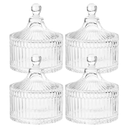 YFNVH Lot de 4 Bonbonnières en Verre Ciselé 300ml avec Couvercle - Design Vintage Forme Tente - Petit Pot à Sucre et Boîte à Bijoux Décorative - Idéal...