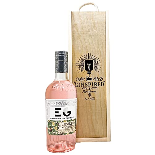 Personalised 'Ginspired' Edinburgh Rhubarb & Ginger Gin Liqueur Gift Set in a Wooden Presentation Box (20% ABV) - Perfect Present for Mother's Day, Father's Day, Birthdays & Anniversaries