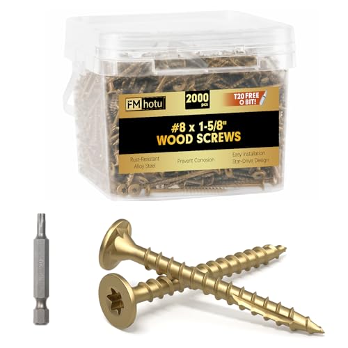 Image of #8 x 1-5 /8 inch Deck Screws, 2000Pcs Star Drive Wood Screws, Rust Resistant Timber Screws for Timber /Log /Landscaping Wood, T20 Star Bit Included, Gold