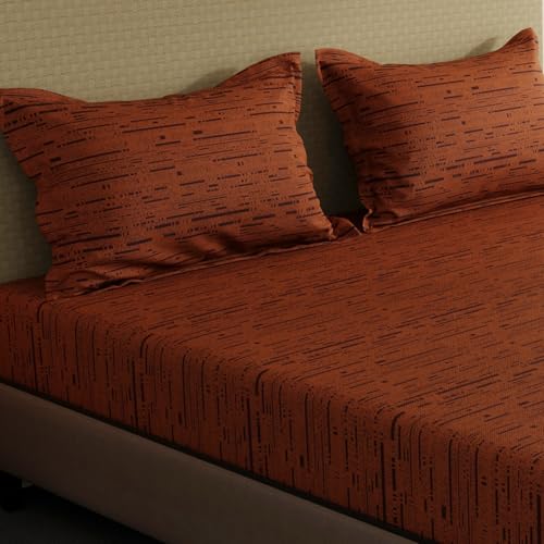 Image of Layers 100% Cotton Fitted Sheet for King Size Bed | Lumina Floret Collection | 144 TC Soft & Breathable | Stripes with 2 Pillow Covers | Wrinkle Free & Colorfast | 3 Pc Bedding Set - Brown