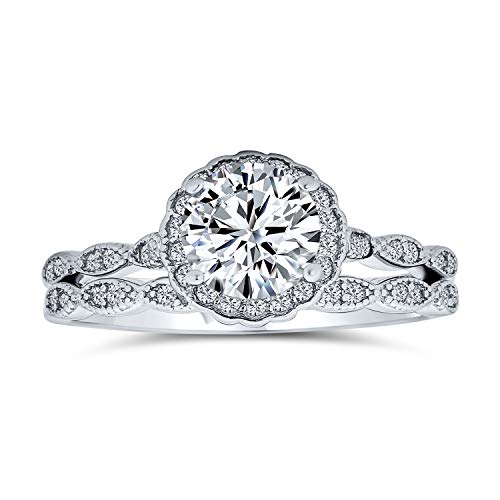2CT Cubic Zirconia Round Solitaire Halo Thin Twist Marquise Pave Band AAA CZ Engagement Wedding Ring Set Sterling Silver