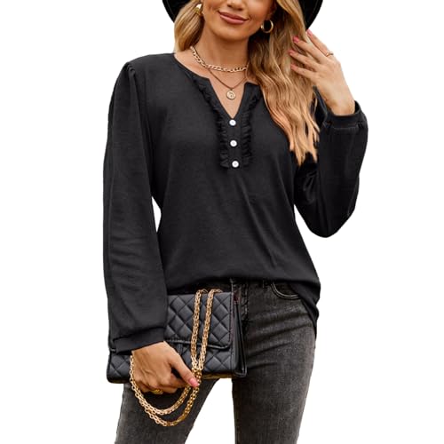 Jersey de Manga Larga, Camiseta de Otoño con Cuello en V para Mujer, Color Sólido Informal para Uso Diario (XL)