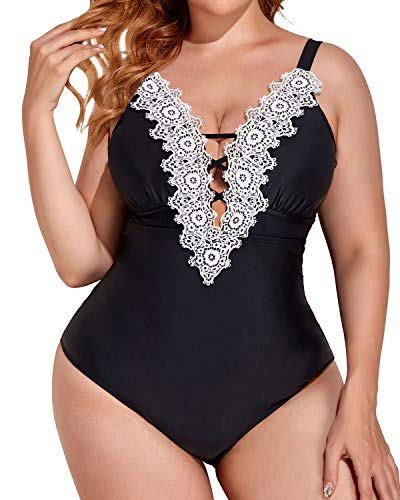 Daci Women Lace Plus Size One Piece Swimsuits V Neck Vintage Tummy Control Slimming Bathing Suit Black XXL