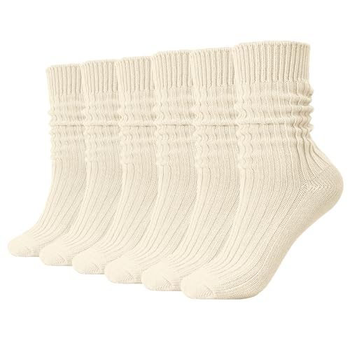 Meng Jiaran 3 pares de calcetines holgados para mujer, calcetines largos de punto de algodón, color beige, suaves y cómodos, estéticos, para mujeres y niñas, beige, Talla única
