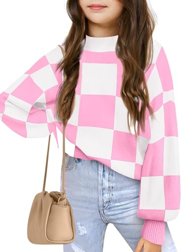 Image of Girls Sweaters Kids Fashion Plaid Mock Neck Pullover Sweater Tops 5-14 Years