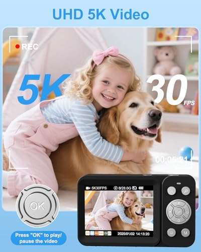 Image of 5K Digital Camera, 80MP Dual Screen Autofocus Vlogging Camera, 18X Zoom Point and Shoot Camera for Photography, Flash, 32GB Card, 2 Batteries, Compact Camera for Teens Adults (Black)