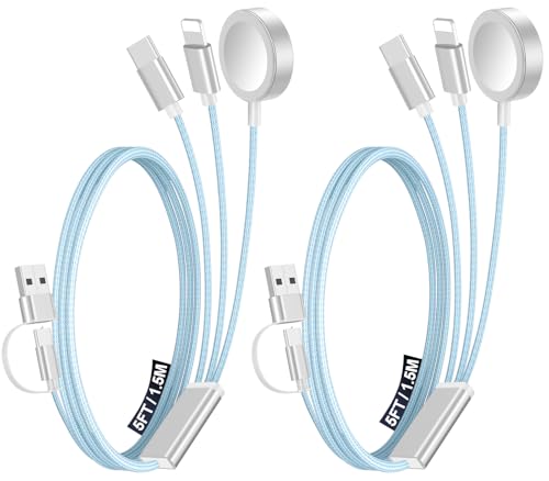 2Pack Multi Charging Cable Cord for Travel Essentials,Apple Watch Charger,iPhone Charger,[3-in-2] Type C/Lightning Cable Portable Designed for iWatch,iPhone 17-8,Galaxy S26-21,AirPods,iPad-1.5M Blue