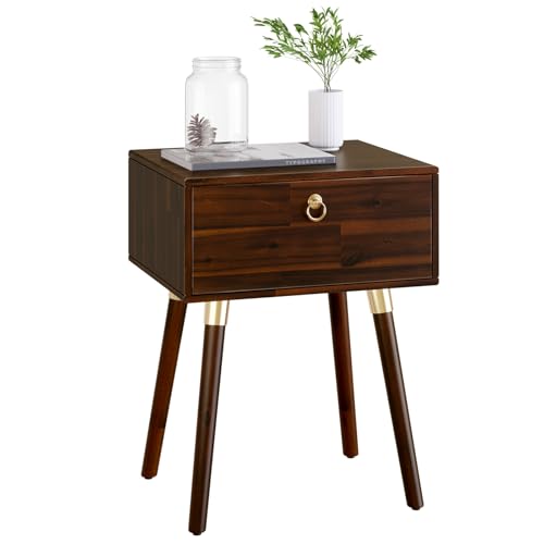 Image of Bme Caden Solid Wood Nightstand /Side Table /End Table, Fully Assembled, with 1-Drawer for Mid Century Bedroom and Living Room, Walnut