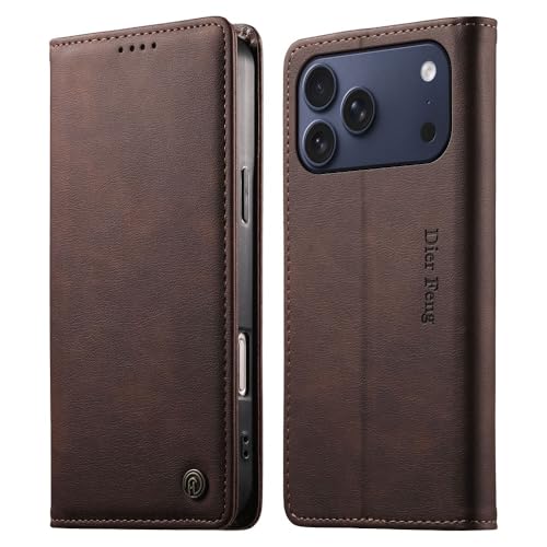 Étui iPhone 16 Pro cuir marron foncé portefeuille magnétique antichoc