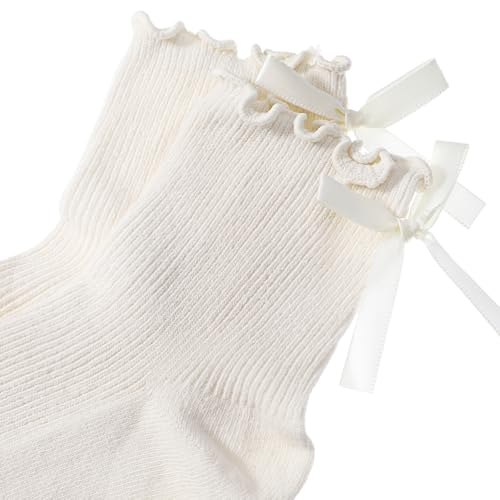 Image of DIVINA VITAE 4 Pairs Women Bow Socks Ruffle Socks Frilly with Bows Ruffle Crew for Women Black White Ruffle Ankle Sock Soft Breathable Thin Cotton Ruffle Sock Cute Fashion for Girls and Womens