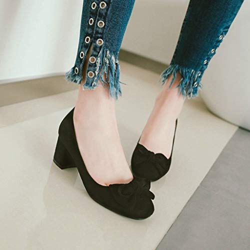 MIOKE Women's Chunky Mid Block Heel Pumps Square Toe Bowknot Suede Slip-On Comfort Work Office Dress Shoes3