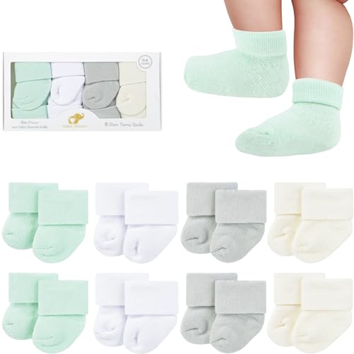 Image of BEBE FAVOUR 8 Pairs Newborn Socks Thick Cotton Terry Turn Cuff Baby Socks 0-6 Months Cute Gifts for Preemie Infant Girl Boy
