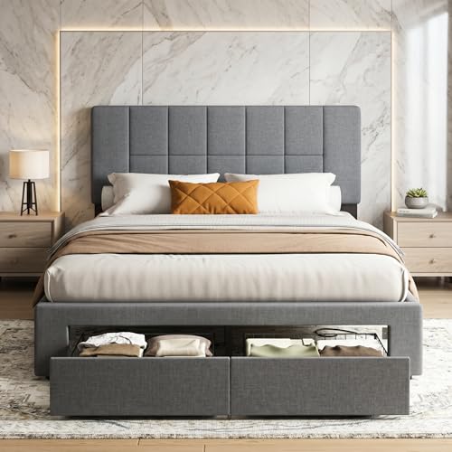 Image of Marsail Full Size Upholstered Bed Frame with 2 Storage Drawers, Adjustable Headboard, Fits 6-12 Inch Mattress, 1300LBS Heavy Duty Support, 12-Leg Solid Wood Structure, Dark Gray