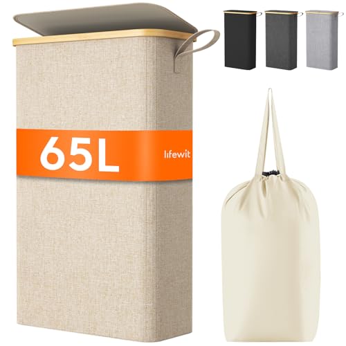 Lifewit 65L Wäschekorb Schmal mit Deckel, Faltbarer Wäschesammler Schmal mit Wäschesack, Laundry Basket Wäscheboxen aus Bambus mit Tragegriff für Apartment, Wohnheim und Wohnwagen, Beige