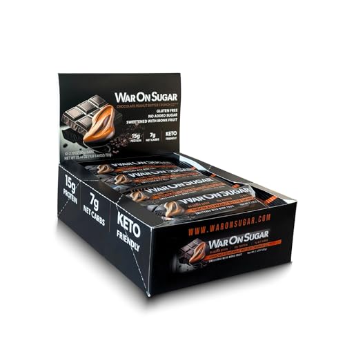 War on Sugar Chocolate Peanut Butter Crunch - High Protein Bars, No Sugar Added, 15g Protein, 7g Net Carbs, Keto Friendly, Gluten Free, All-Natural Ingredients, Monk Fruit Sweetened, No Crash - 12 Count Box