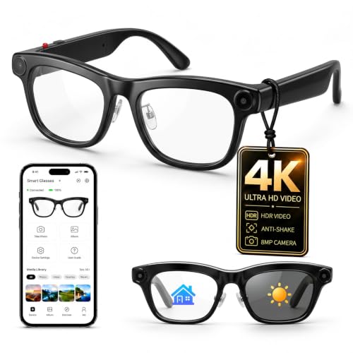 AI Smart Glasses with Camera, 4K Anti-Shake Video, Transition Lenses, Black