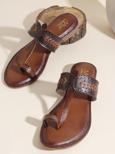 Image of Women's Kolhapuri Chappal Flats | Two-Tone Leatherette Ethnic Sandals with Toe Ring | Comfortable Handcrafted Traditional Slip-On Slippers for Ladies