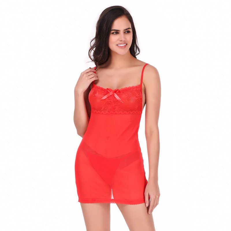 Image of Women's Blended Solid Midi Babydoll Honeymoon Nightwear Sexy Nighty Dress