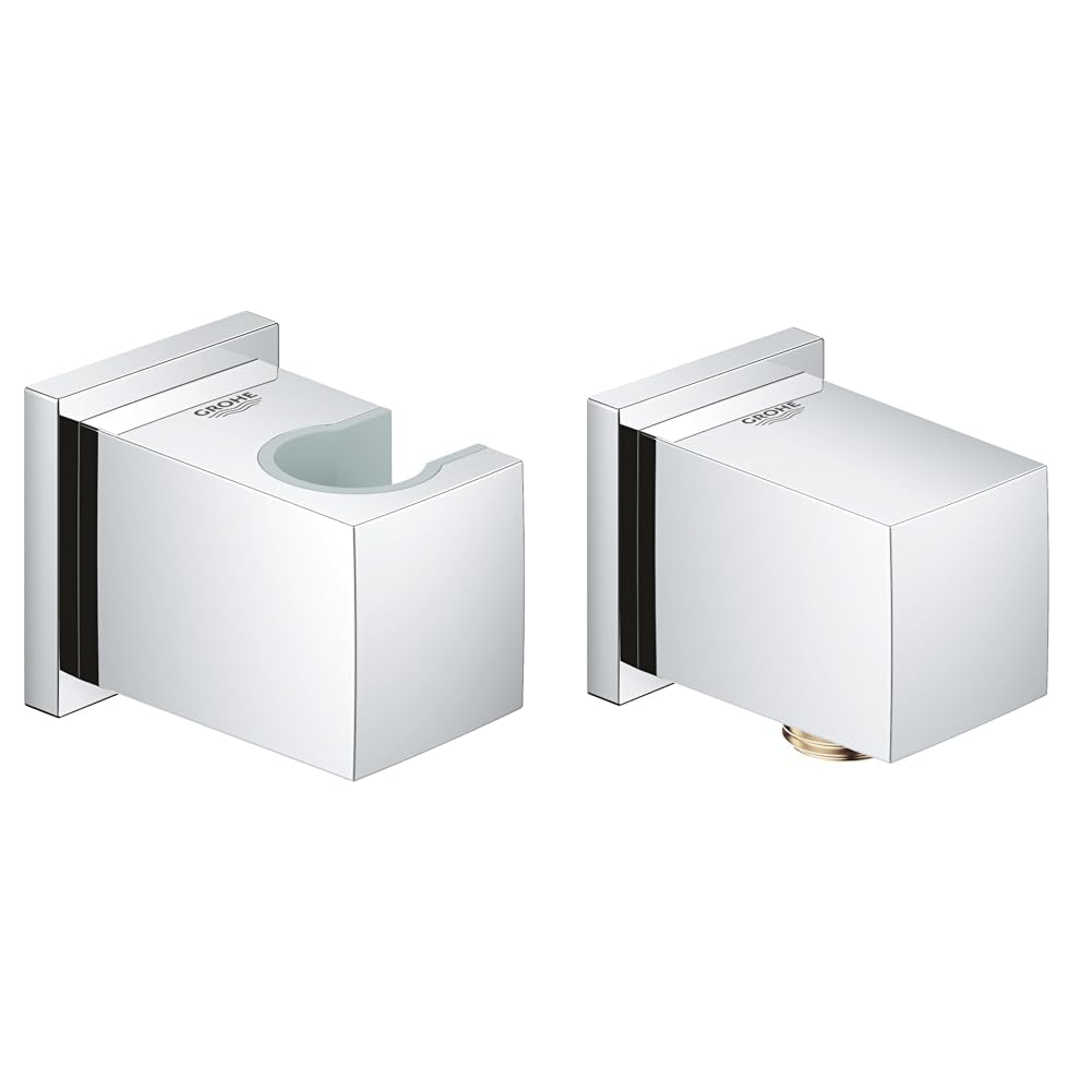 GROHE Euphoria Cube - Handbrausehalter, chrom, 27693000 & Euphoria Cube - Wandanschlussbogen (Außengewinde, Eigensicher gegen Rückfließen, langlebige Oberfläche), chrom, 27704000