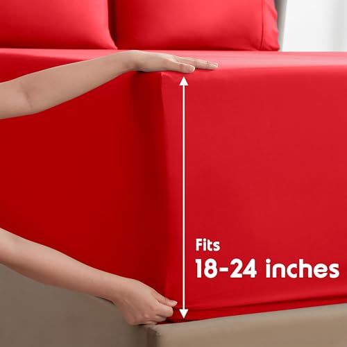 Image of Nestl Extra Deep Full Sheet Set - 6 Piece Breathable & Cooling Sheets - Hotel Luxury Bedding Set w /18-24 Inch Deep Pockets - Easy & Secure Fit - Super Soft, Wrinkle Free & Comfy - Red
