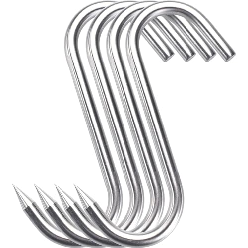 Grizef Crochets en S en acier inoxydable robuste, 200 mm x 10 mm, crochets à viande pour boucher, agriculteur, chasseur (lot de 4, 10 mm)