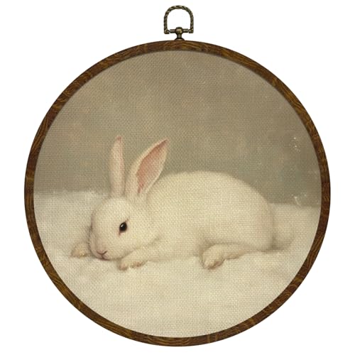 KLYTINK Vintage Bunny Round Wall Art Decor,Retro Rabbit Wall Art Canvas Frame Artwork Prints,Rustic Country Circular Wall Hanging Decoration for Bedroom Girl's Room,Nursery,Easter Bunny Decor 10x10Inch (BY0622)