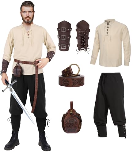 DIYLN 5 Pcs Renaissance Costume Men Medieval Shirt Ankle Banded Pants Halloween Costumes Pirate Cosplay Outfit with Viking Accessories Pouch Belt Arm Guards DY036XXL
